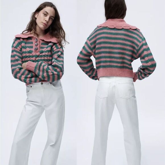 NEW ZARA striped cable knit cropped sweater size small woman’s fall - Picture 6 of 12